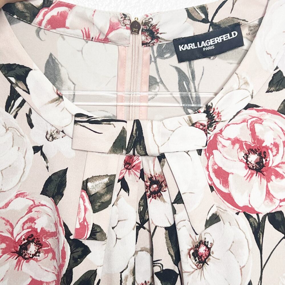 KARL LAGERFELD Vianne Floral Pleated Bow Blouse 3/4 Sleeve Cream Multi Womens L - Picture 5 of 9